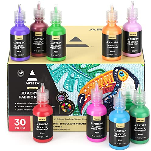 ARTEZA Fabric Paint, Set of 30, Permanent 3D Paint, Glow-in-the-Dark, Glitter, Neon, and Metallic Hues, Paint for Textiles, Canvas, and Wood