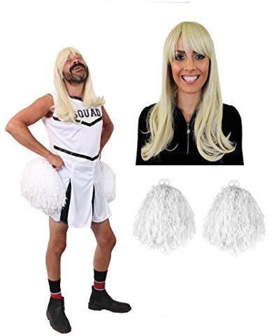 MÄNNER JUNGESELLENABSCHIED WEISSES CHEERLEADER KOSTÜM+PERÜCKE=LUSTIGE HERREN VERKLEIDUNG=FASCHING+KARNEVAL +SPORTVERANSTALLTUNGEN AMERIKANISCHEN ART=MIT+OHNE PUSCHEL -SMALL- MIT POMPOM