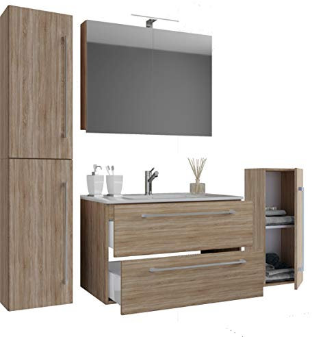 VCM 5-TLG. Set | 1 Waschtisch mit Zwei Schubladen, 1 Spiegelschrank, 1 Waschbecken, 1 Midischrank, 1 Hochschrank | Keramik Waschbecken | hängend Unterschrank 80 cm | Badmöbel Set Waschplatz – Badinos