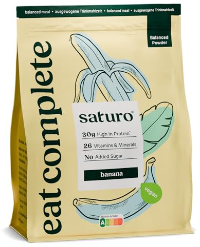 Saturo Trinkmahlzeit - Vegane Trinknahrung als Mahlzeitersatz - Banana | Blanced Powder mit reichlich Protein & 5600 kcal | Pulver mit wertvollen Nährstoffen | 14 Shakes, 1,4kg