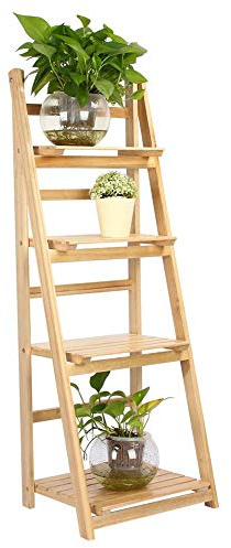 lyrlody Standing Shelf Units,4 Tier Flower Plant Stands Ladder Shelf Wooden Wall Rack Display Unit Plant Flower Storage Rack Leaning Bookshelf for Bedroom Bathroom Balcony,42.0x34.8x112.6cm(Wood)