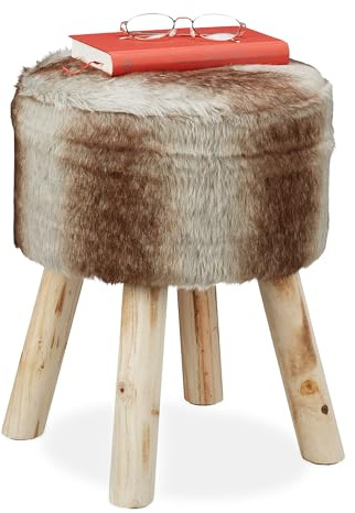 Relaxdays Pall, dekorativ pall i fuskpäls, sittpall med träben, rund, rustik, H x D: 42 x 33 cm, grå/brun, 1 styck