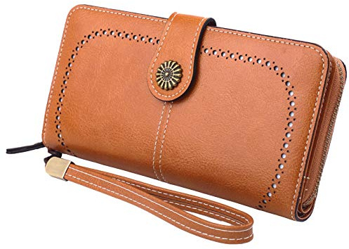 HXT-OAK Damen Geldbörse mit langem Cutout-Design,Aus PU-Leder, mit Sonnenblumenverzierung und Abnehmbarer Handschlaufe, 13 Kartenfächer, kann Mobiltelefone innerhalb von 6,7 Zoll aufnehmen Braun