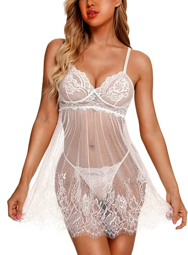 RSLOVE Damunderkläder babydoll sexig spets chemise remmar nattkläder, Vitt, M