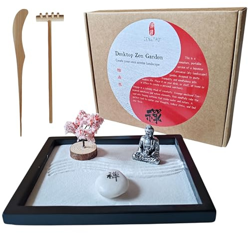 ZEN&TAO Japanese Miniature Zen Garden Black Tray with Buddah Statue, Blossoming Cherry Tree, Genuine Stone Engraved with Zen Character, Sand Tools Included, for Meditation, Relaxing and Gifting