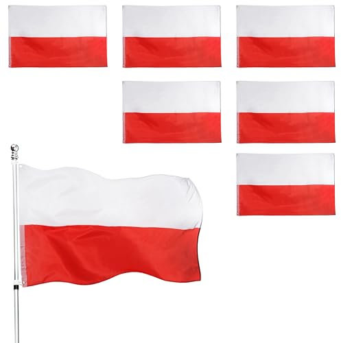 Lot de 6 grands drapeaux de la Pologne avec œillets - Environ 152 x 91 cm - Pour football, rugby, événements sportifs, fêtes de rue, festivals et célébrations