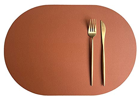Oval Tischsets Abwischbar, Leder Kunstleder Platzset Zweifarbig Wasserdicht Platzdecken mit Untersetzer ür Hause Küche Restaurant (Braun/Schwarz,6 Stück)