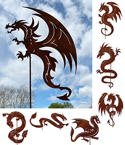 Drache fliegend 63x45cm + Stab Gartenstecker Edelrost Drachen Figur