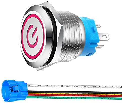 Gebildet 0.87''/22mm Stainless Steel Latching Push Button Switch 12V-24V 5A Power Symbol LED 1NO1NC SPDT ON Off Waterproof Toggle Switch with Wire Socket Plug (Red LED)