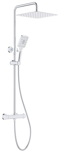 Rainsworth Sistema doccia con termostato cromato, 30 x 30 cm, quadrato, in acciaio inox, set completo, 3 tipi di getto, soffione doccia a pioggia con rubinetto, asta doccia 92-126 cm