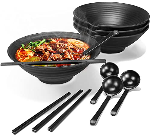 4 Set Large Noodle Ramen Bowl - Plastic Japanese Picnic Tableware for Pasta Dishes Salad Udon Soup Soba Pot Noodles Bowls 4×1100 Ml Bowl Chopsticks Spoon Sets Suit for Dinner Christmas Birthday Gifts