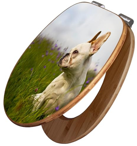 banjado Design WC Sitz Bambus Absenkautomatik 45,8x37,5cm - Toilettendeckel mit Absenkautomatik Holz - hochwertiger Bambus Klodeckel - WC-Sitz für gängigen Toiletten - Motiv Französische Bulldogge