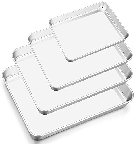 Herogo Baking Tray Set of 4, Stainless Steel Oven Tray Set, Professional Baking Roasting Cooking Serving Sheet Pan for Home Restaurant Hotel, Non-Toxic & Mirror Finish, Dishwasher Safe, Metal Silver