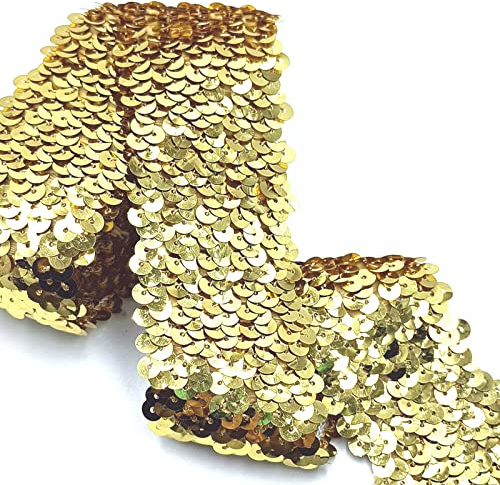 YOOGCORETT 2 Yards Gold Elastic Sequin Ribbon Trim - Glitter Metallic Stretch Flat for Sewing Dress, Costume Embellishments, Headband and Crafts - 1.8 Inch