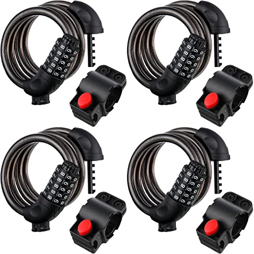 4 Pieces Bike Lock 4 Feet Bike Lock Cable 5 Digit Resettable Combination Code Security Coiling Bicycle Lock 2/5 Inch Diameter with Mounting Bracket for Bicycle Outdoors (Black)