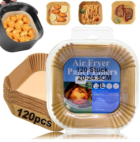 KInearcharms 120 Stück Backpapier für Heißluftfritteuse 4,5L-8L, 20-24cm Airfryer Backpapier Pergamentpapier Liner Kompatibel mit COSORI Philips Cecotec Midea Russell Hobbs XL XXL Airfryer