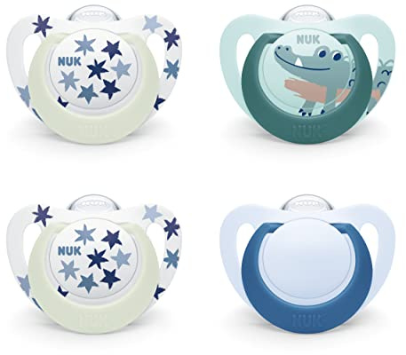 NUK Star Night Tetine pour bébé | 18-36 mois | Apaise 99 % des bébés | Sucettes en silicone sans BPA | Brille dans le noir pour la retrouver la nuit | Crocodile | Lot de 4