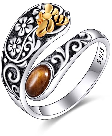 POPLYKE Anillo de plata de ley con forma de cuchara, vintage, estilo bohemio, ajustable, abierto, joyería de regalo para mujer, 7, Plata de ley, Ámbar