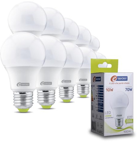 E-QUICKLY Lampadine Led E27-10W equivalenti 70w, Lampadina luce bianco naturale, 4000k, Lampada attacco grande, Lampade A60, alta efficienza 900 lumen, risparmio energetico basso consumo, 10 PZ