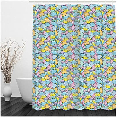 Whoiy Duschvorhang Polyester, Duschvorhang Eckbadewanne 165X180cm Badegardinen Kleiner Fisch Blau Gelb Rosa Waschbar Wasserdicht