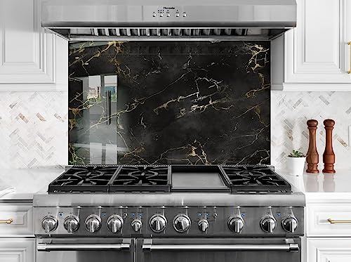 Myphotostation.com 70WX43H'' Tempered Glass Black Marble Backsplash Design Cooker Wall Backsplash Panel Glass Splashback For Kitchen Panel Design Marble Splashback Black