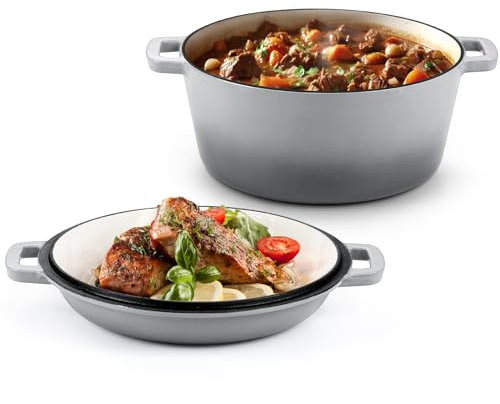 2 in 1 Enameled Cast Iron Dutch Oven, HaSteeL 5 QT Pot & 2 Quart Skillet Lid Pan, Non-Stick Cookware Multi Cooker for Bread Baking Cooking Stewing, Suit for All Cooktops, Dual Handles & Oven Safe,