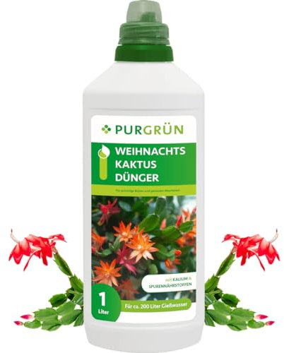 Purgrün® Weihnachtskaktus-Dünger 1 Liter – Spurennährstoffe für prächtige Blüten – Extra Kalium stärkt die Widerstandskraft – Ergiebiges Konzentrat für 400 Liter Gießwasser – Premium-Flüssigdünger