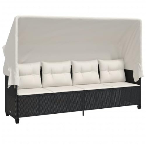 vidaXL Sonnenliege, Liege mit ausziehbarem Sonnendach, Gartenliege mit dick gepolsterten Kissen, Sonnenbett Gartenmöbel, Schwarz Poly Rattan