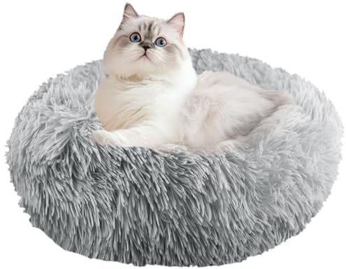 NAKIHOUSE Hundebett Katzenbett, Rundes Plüsch-Haustierbett, Weiches, warmes und waschbares Hunde-/Katzenkissen mit rutschfester Unterseite, für Indoor Welpen & Kätzchen, 50cm, Grau