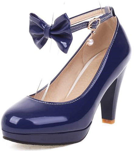 Women Cone Heel Court Shoes with Platform Ankle Strap Bows High Heel Shoes Round Toe Buckle Elegant Heels, Q24879QH Blue Size 1.5 UK/34
