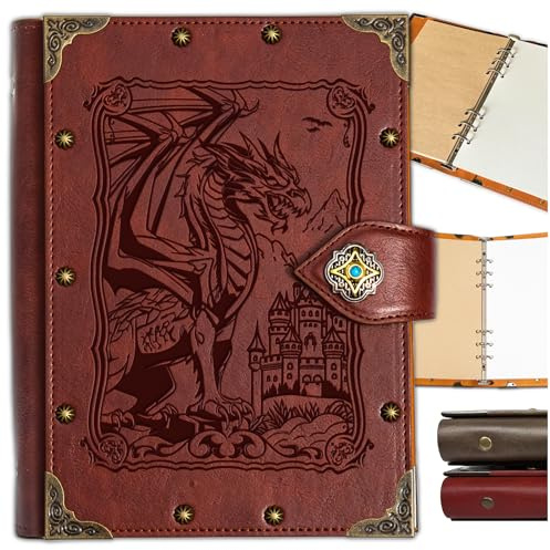 DUROTAN DND-Notizbuch, Vintage, Drachen-Tagebuch, einzigartig, nachfüllbarer Ringbuch, Leder, A5, 400 Seiten, für Dungeons and Dragons, Geschenk, D&D-Geschenke, DM-Zubehör, Männer&Frauen