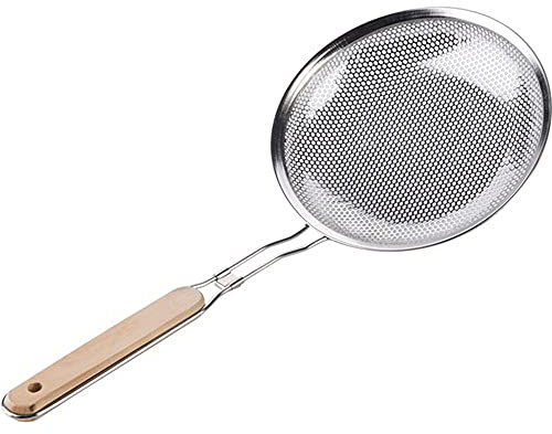 Grande colino da cucina a rete per scolare olio e friggere. Schiumarola in acciaio inox da 18 cm con maglia fine e manico lungo per cucinare e friggere.