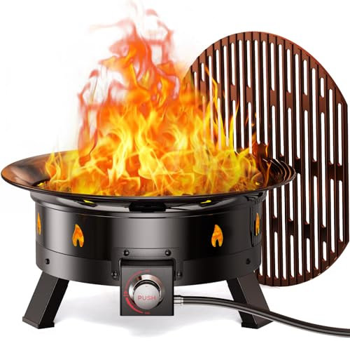 Ciays Foyer au Propane de 61 cm, Grand Foyer avec Grille de Barbecue, Pieds pliants, Crochets de Tuyau, Support pour réservoir de Propane, Couvercle et Sangle de Transport, Foyer à gaz