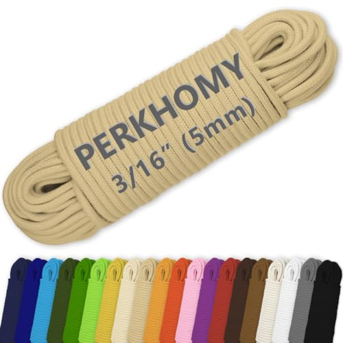 PerkHomy Cotton Rope 3/16 (5mm) 100 ft Multi Purpose Utility Diamond Braided Cord, Natural Cotton for Clothes Line Camping Crafting Flag Pole, Khaki