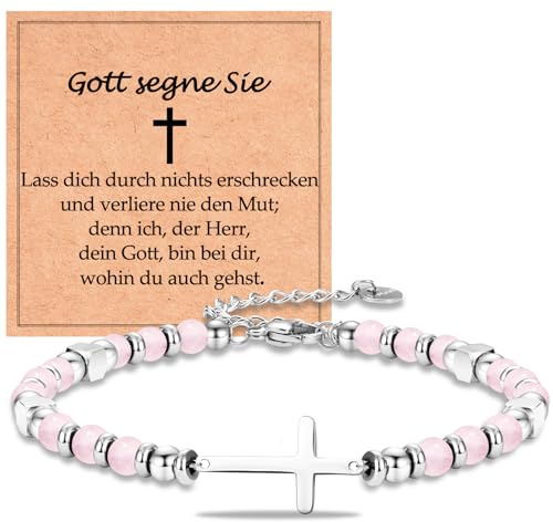 WOVEE Kreuz Armband Rosa Kristall Pink Christliche Cross Kreuz Taufe 18cm Taufgeschenke Kommunion Konfirmation Taufe Geschenke für Mädchen Enkelin Tochter