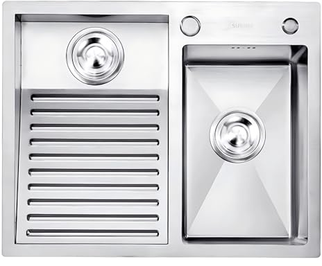 Schwarzes SUS-Waschbecken Mit Partikeloberfläche, Silbernes Waschbecken, Mit Integriertem Waschbrett, Doppelwaschbecken Für Den Haushalt, Mit Abflussset, Für Balkon, Keller(Silver-A,60x48x22cm)