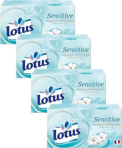 Lotus Sensitive 320 Mouchoirs blanc en boîte (Lot de 4 Boîtes x 80 Mouchoirs) 4 épaisseurs pour plus de confort - Offre Spéciale