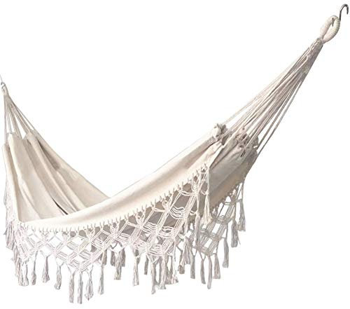 Tragbare Hängematte aus Segeltuch mit zwei Quasten, weiß, Baumwollleinen, für drinnen und draußen, Garten, Camping, Hängematte (200 x 150 cm), Tragkraft: 220 kg.