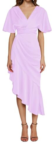 KURFACE Vestido de satén para mujer, fruncido, media manga, cuello en V, longitud del té, vestido formal para invitada de boda, Lila, 58 Grande