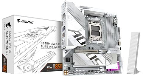 GIGABYTE B850M AORUS Elite WIFI6E Ice Carte Mère - Processeurs AMD Ryzen Série 9000, 12+2+1 Phases VRM numériques, jusqu'à 8200MHz DDR5 (OC), 1xPCIe 5.0 + 1xPCIe 4.0 M.2, WiFi 7, USB 3.2 Gen 2