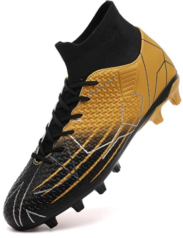 VTASQ Pojkar fotbollsskor barn gräs fotbollsskor professionella tonåringar friidrott sneakers utomhus halkfria träning fotbollsskor höga topp fotbollsskor spikar, Svart guld, 36 EU
