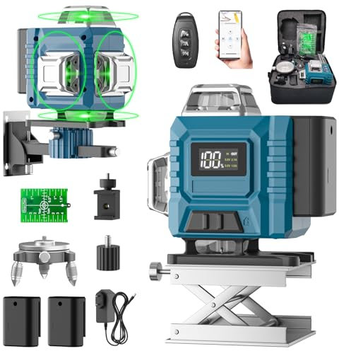 Kevsuvqin Laser Level, Laser Levels Self Leveling with 2 Batteries and LED Display, 4x360 Lazer Level Tool with Tool Box, 16 Green Lines/APP/Remote Control/Pulse Mode/IP54 Waterproof