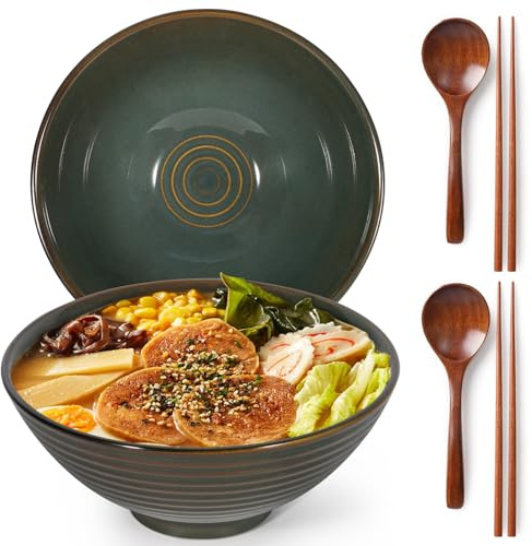 LRHAFET 2 x 1200ml Ramen Schüssel Set aus Keramik mit Essstäbchen und Löffeln, 20cm Ramen Bowls Set，Ramen Schale. (Vintage Green)