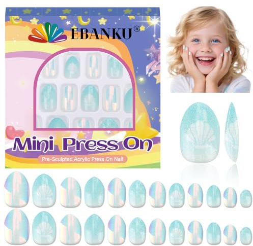 EBANKU 1 Pack Kid Fake Nail Kit, 24 Pieces Press on Nails for Kids Pale Blue Press on Nail Short Artificial False Nail Kits for Kids Girls