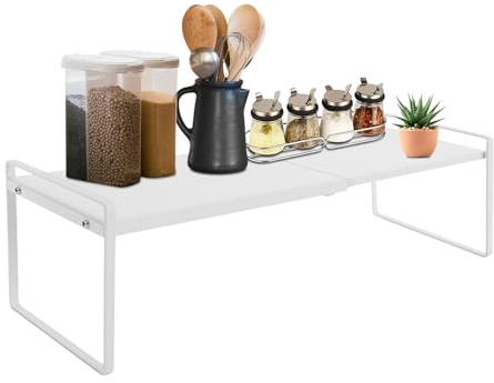 KigerNee Erweiterbares Schrankregal Küchenorganizer 34-63cm - Höhenverstellbares Stahlregal mit 10kg Tragkraft für Schränke & Theken | Stapelbar, Rostfrei, Weiß (Montage-Set Inklusive)