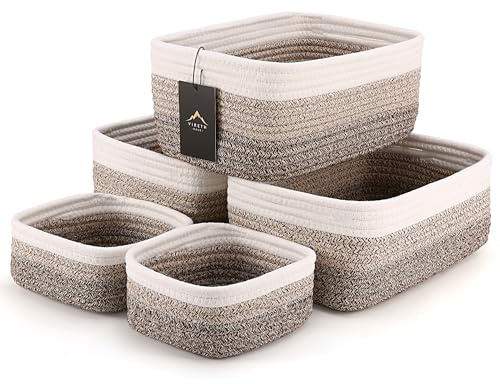VIRETH HAUS 5-Pack Small Woven Rope Storage Baskets – 2 Sizes Organizer Bins for Closet, Shelf, Bookshelf, Nursery, Changing Table, Fabric Cube Boxes, Rectangular Shallow Bins for Bathroom, Toy & Home