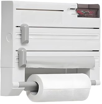 Cling Film Dispenser and Cutter – Multi-Functional Wall-Mounted Holder | Kitchen Organiser with Built-In Cutter for Aluminium Foil, Baking Paper & Kitchen Roll – Space-Saving Storage Holder
