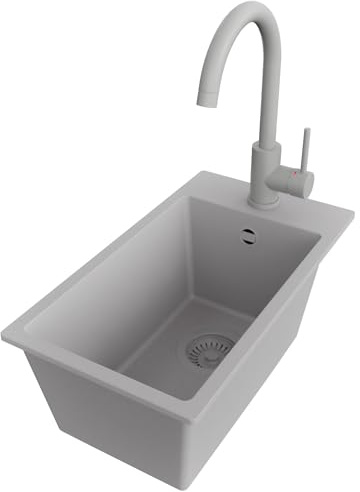PRIMAGRAN Lavandino da Cucina al Mobile 30cm + Rubinetto, 28x50cm | Set: Rubinetto BW5010 + Kit di scarico + Lavello in Granito a 1 Vasca - Riga, Tutto Grigio