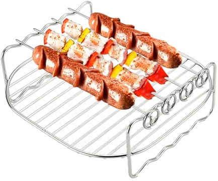 Airfryer - Soporte para barbacoa de 8 pulgadas, 19 x 7,2 cm, estructura de dos capas, juego de brochetas de kebab, alitas de pollo, pescado, hornear platos con varios platos, utensilios de cocina