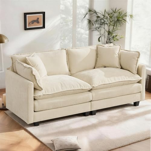 Modulares Wohnzimmer-Sofa, Chenille mit Doppelkissen, Beige 2-Sitzer | Weicher, strapazierfähiger atmungsaktiver Stoff, mit Kissen und Armlehnen. Ideal für Wohnzimmer, Schlafzimmer, Wohnungen.